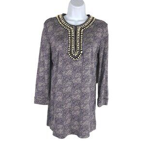 Tory Burch Top Womens Small Silk Beaded Neck Printed 3/4 Sleeve TP-2370
